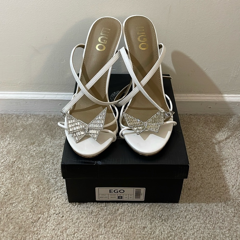 White Open Toe Heels with Silver Bow